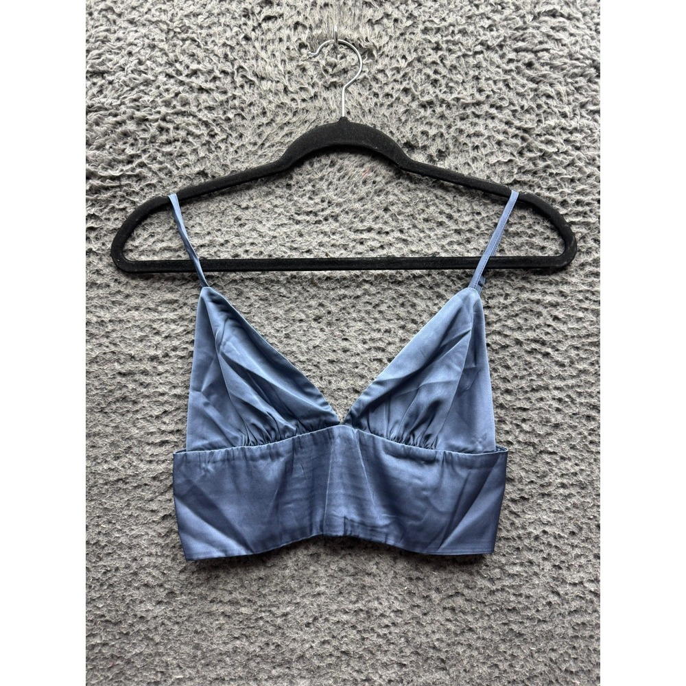 Mable Satin Triangle V-Neck Crop Top Bralette Slate Blue Womens Size S